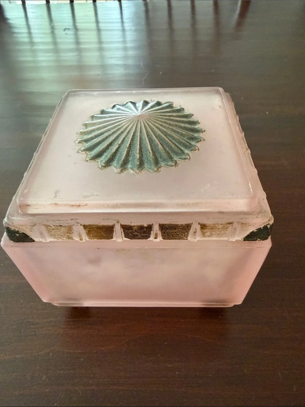 Taussaunt Glass Frosted  Pink Square Vanity Powder Box with Sunburst